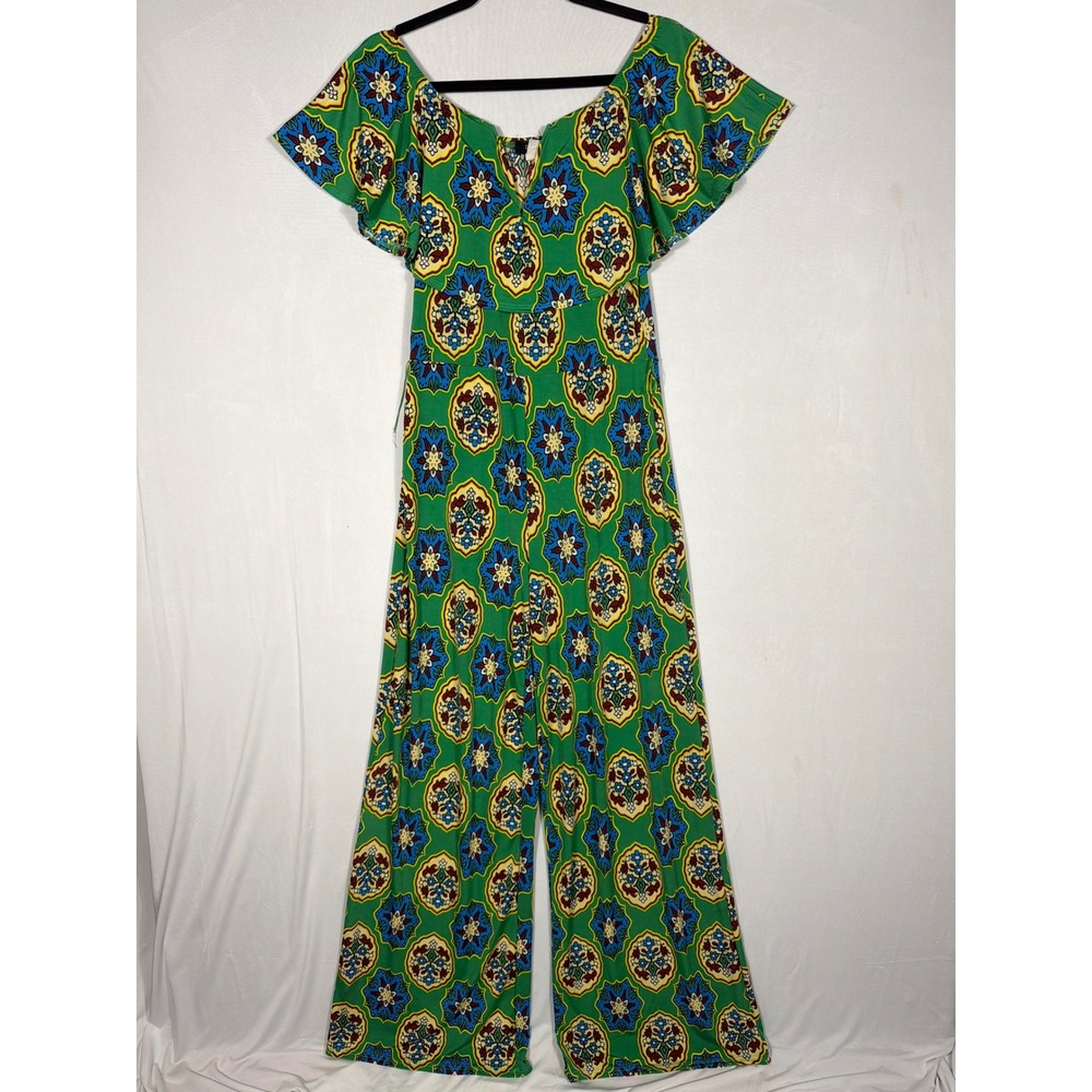 Vtg 90s Y2K Jumpsuit L Green Floral Medallion Wide Leg Boho Indie Hippie Retro